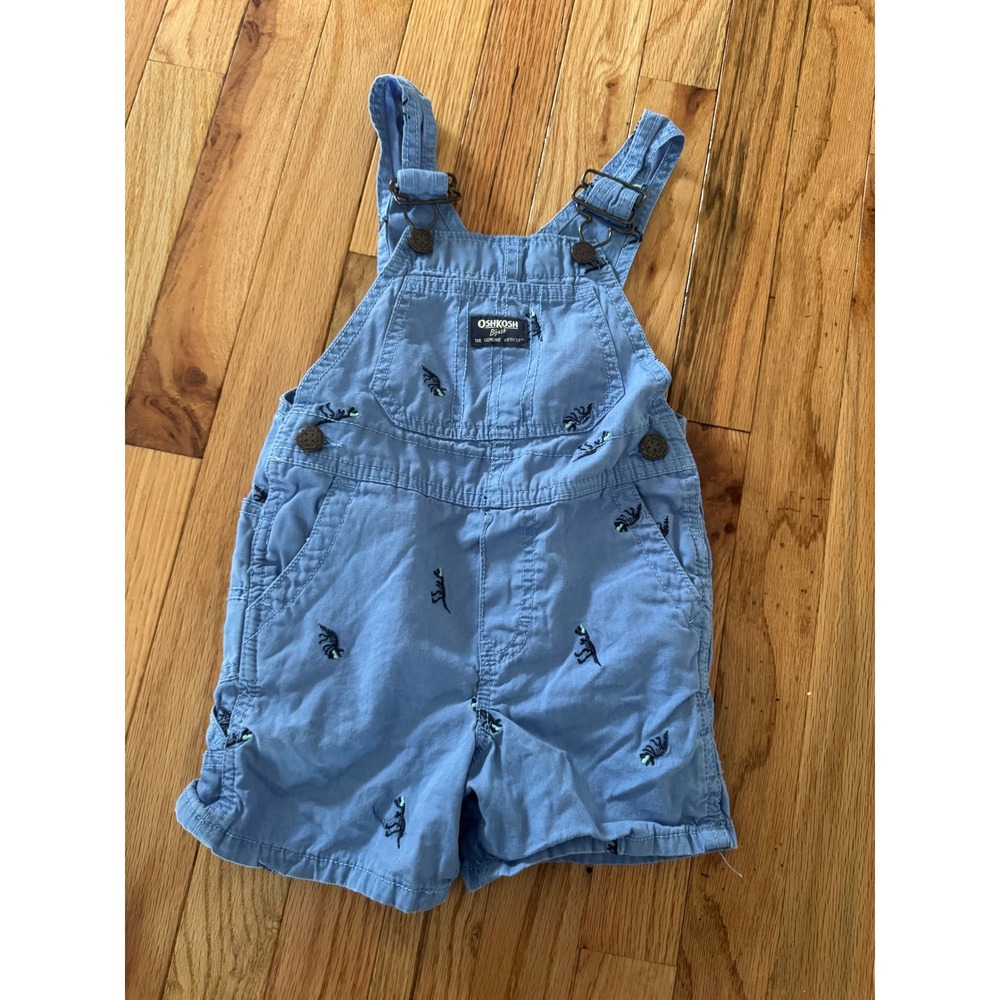 OshKosh B'gosh Toddler Boys Blue Dinosaur Embroidered Shortall Overalls 2T